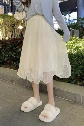 Gentle little fairy, high-end, gentle, mid-length A-line skirt, irregular mesh skirt, trendy