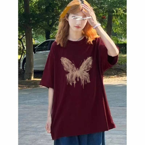 Vintage loose short-sleeved cotton women's T-shirt small summer college style niche all-match round neck shoulder top