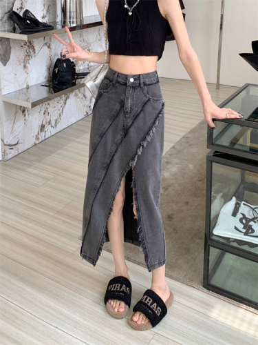 Real shot retro raw edge high waist slit denim skirt  spring new women's design sense A-line long skirt