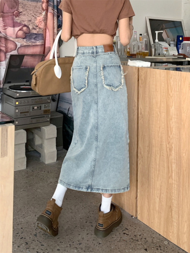 Real shot retro raw edge high waist slit denim skirt  spring new women's design sense A-line long skirt