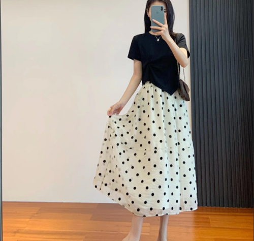  summer new style gentle wind high waist polka dot skirt women's French loose slim mid-length A-line skirt