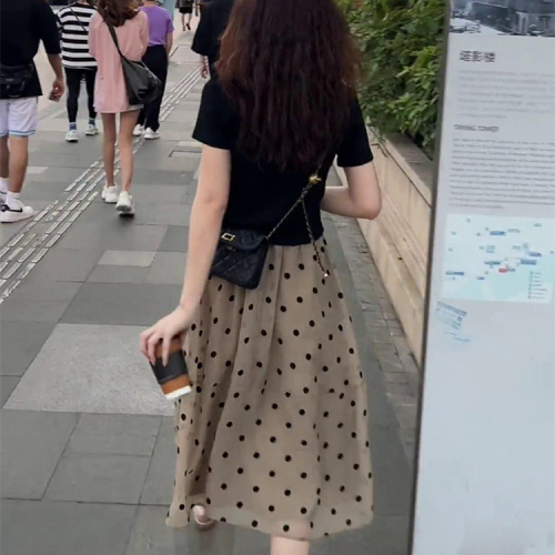  summer new style gentle wind high waist polka dot skirt women's French loose slim mid-length A-line skirt