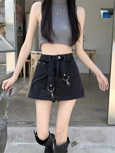 Real shot hot girl miniskirt American style anti-light package hip skirt pants women summer retro a-line denim skirt spring and autumn