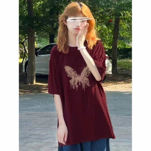 Vintage loose short-sleeved cotton women's T-shirt small summer college style niche all-match round neck shoulder top