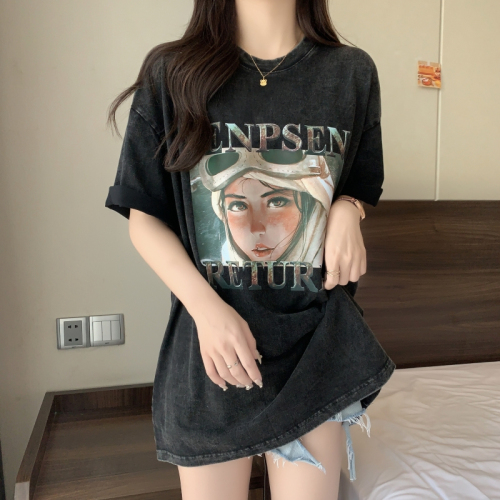 Real shot large size loose short-sleeved T-shirt women's pure cotton wrap collar couple outfit S -- 3XL100% cotton 200g pure cotton