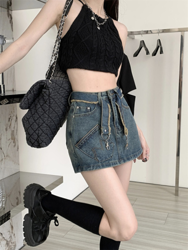 Real shot hot girl miniskirt American style anti-light package hip skirt pants women summer retro a-line denim skirt spring and autumn