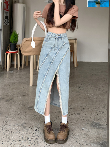 Real shot retro raw edge high waist slit denim skirt  spring new women's design sense A-line long skirt