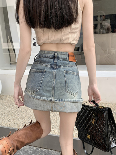 Real shot denim skirt female Hong Kong style hot girl skirt pants high waist slim bag hip skirt summer  new skirt