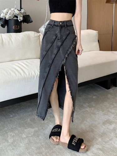 Real shot retro raw edge high waist slit denim skirt  spring new women's design sense A-line long skirt