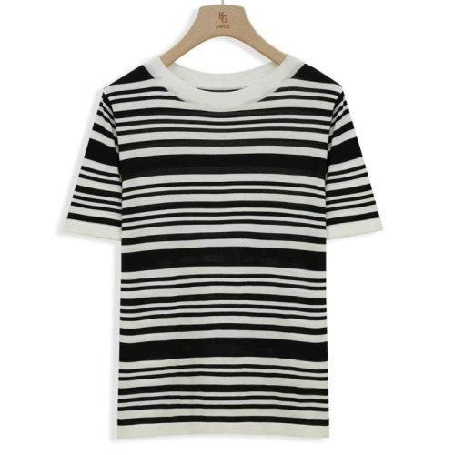 Mulberry silk blended striped short-sleeved loose top 2023 summer new round neck fashion contrast color T-shirt women
