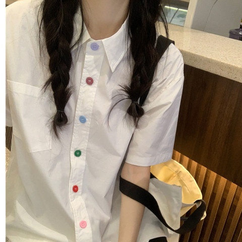 Hong Kong style retro design rainbow button shirt female student loose short-sleeved shirt summer Korean version of the all-match top female