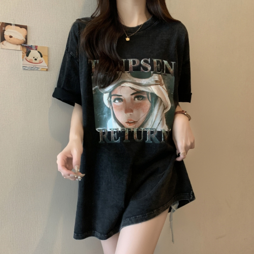 Real shot large size loose short-sleeved T-shirt women's pure cotton wrap collar couple outfit S -- 3XL100% cotton 200g pure cotton