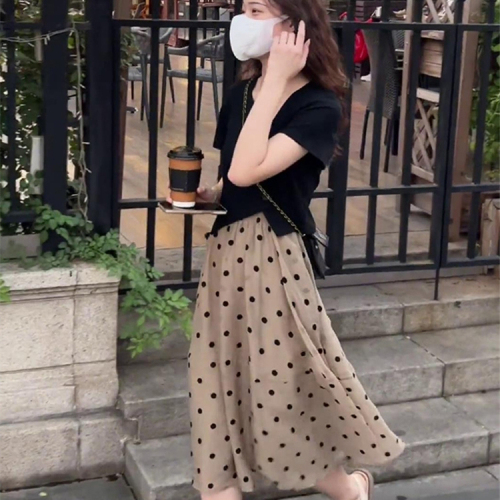  summer new style gentle wind high waist polka dot skirt women's French loose slim mid-length A-line skirt