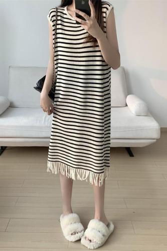 Real shot is not reduced Contrasting color ice silk striped knitted dress women's loose-fitting belly-covering tassel vest long skirt