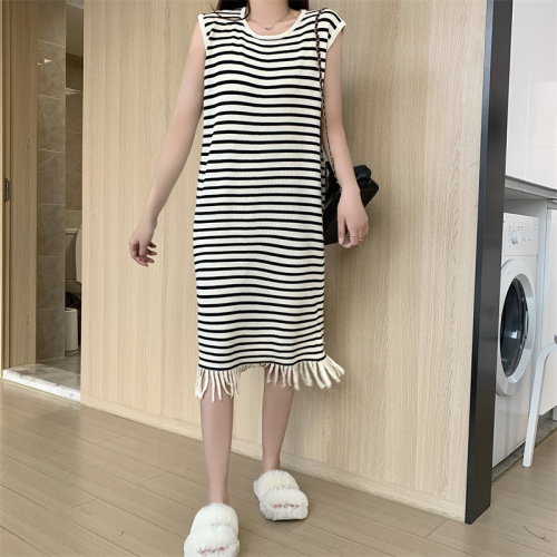 Real shot is not reduced Contrasting color ice silk striped knitted dress women's loose-fitting belly-covering tassel vest long skirt