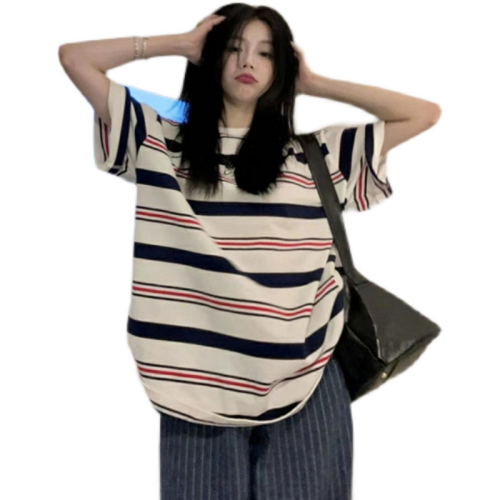 Contrasting color striped short-sleeved t-shirt women's ins tide summer loose bf lazy style T-shirt casual half-sleeved top