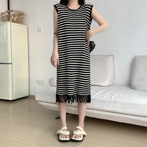 Real shot is not reduced Contrasting color ice silk striped knitted dress women's loose-fitting belly-covering tassel vest long skirt