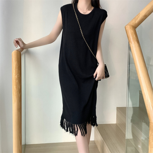 Real shot is not reduced Contrasting color ice silk striped knitted dress women's loose-fitting belly-covering tassel vest long skirt