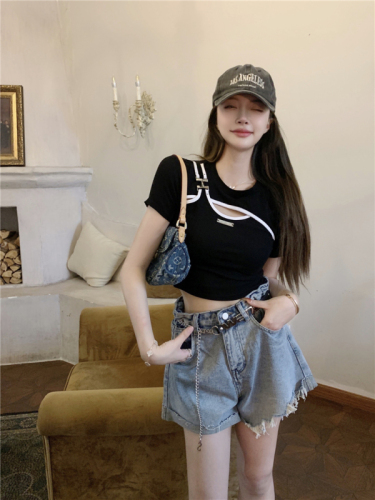 220g Thread-Tummy Cover Fake Two-Piece Short-sleeved T-Shirt Looks Slim Hot Girl Short Top Design Metal Buckle