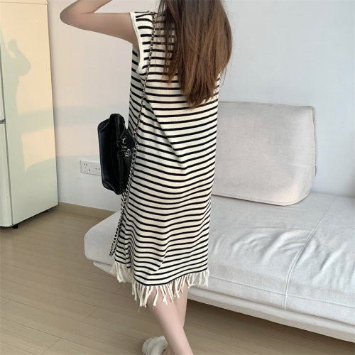 Real shot is not reduced Contrasting color ice silk striped knitted dress women's loose-fitting belly-covering tassel vest long skirt