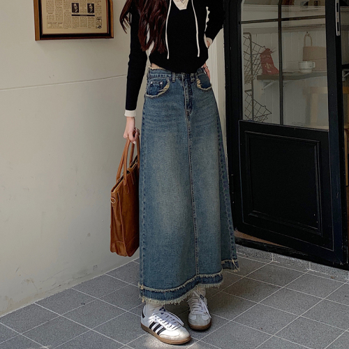 Personalized street design waistband hem raw edge denim skirt high waist mid-length skirt