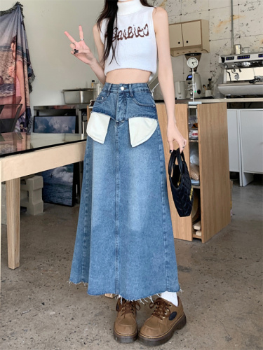 Real shot raw edge high waist denim skirt women's mid-length spring pear-shaped body wear tall a-line skirt