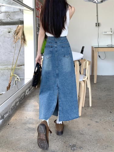 Real shot raw edge high waist denim skirt women's mid-length spring pear-shaped body wear tall a-line skirt