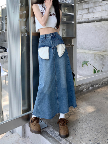 Real shot raw edge high waist denim skirt women's mid-length spring pear-shaped body wear tall a-line skirt