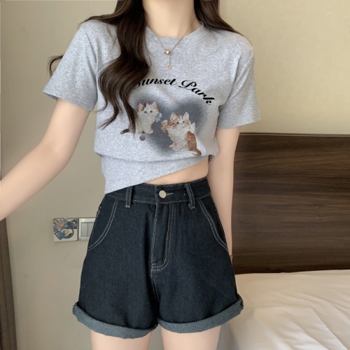 New loose short-sleeved T-shirt for women 92 cotton/8 spandex 40 counts 210g pure cotton slim short T-shirt for women