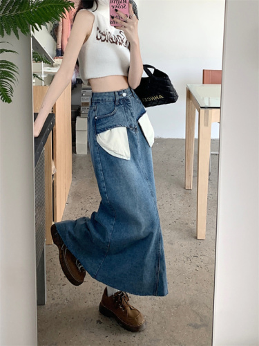 Real shot raw edge high waist denim skirt women's mid-length spring pear-shaped body wear tall a-line skirt