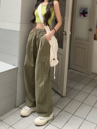Pure cotton tooling wide-leg pants women's spring and summer retro high waist slim straight pants loose small casual pants