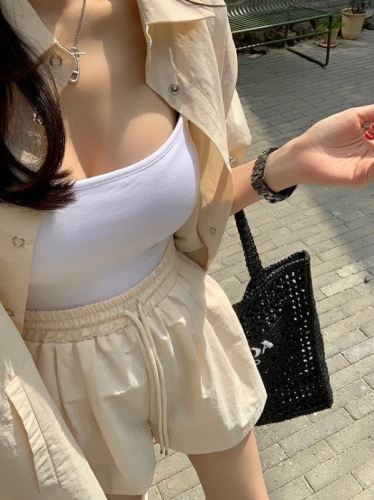 chic lapel single-breasted sun protection clothing loose shirt + elastic shorts casual suit
