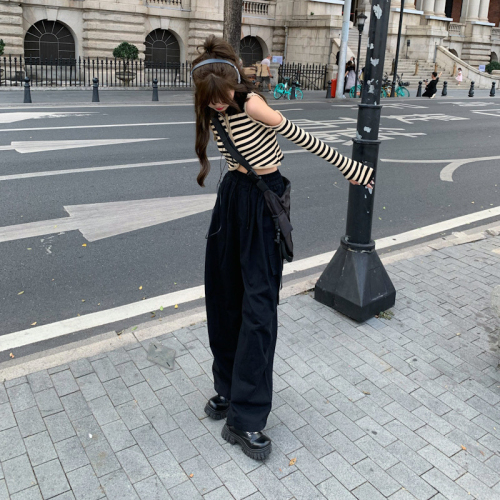 Pure cotton tooling wide-leg pants women's spring and summer retro high waist slim straight pants loose small casual pants