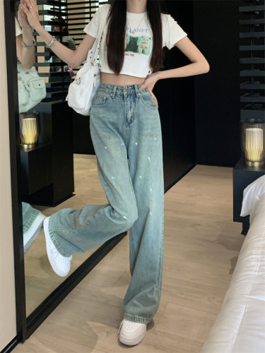 Real shots of American retro high street washed old jeans women's spring and autumn slim straight design niche wide-leg pants