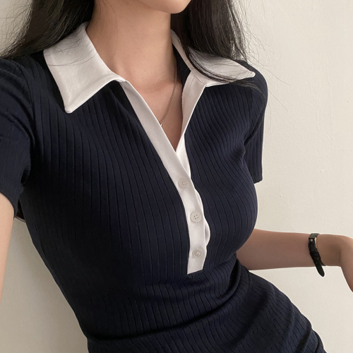 Real price Korean chic all-match polo collar button knitted short-sleeved dress slim skirt female