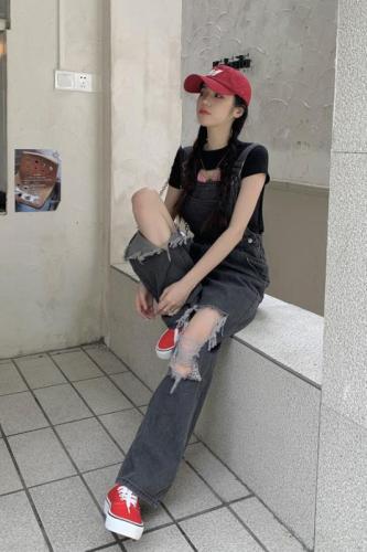 Real shots of ripped denim overalls high waist wide legs slim trousers design fat MM pants S-5XL200 catties