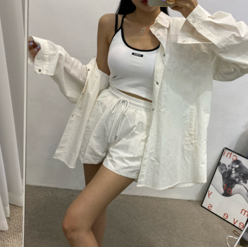 chic lapel single-breasted sun protection clothing loose shirt + elastic shorts casual suit