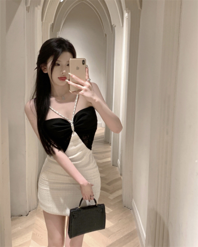 Real shot real price Temperament off-the-shoulder halter neck Xiaoxiang dress female summer slim slim bag hip dress skirt