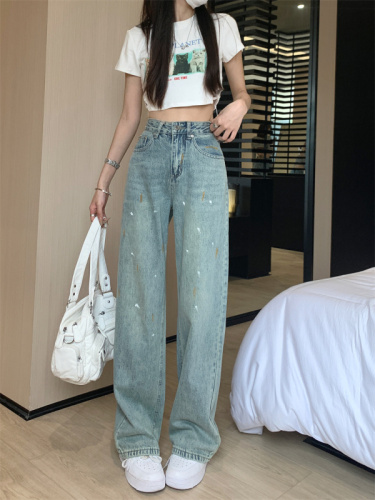 Real shots of American retro high street washed old jeans women's spring and autumn slim straight design niche wide-leg pants