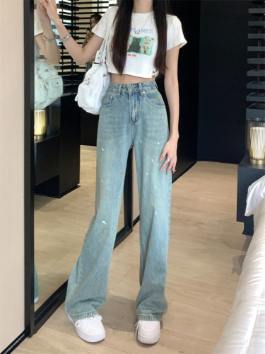 Real shots of American retro high street washed old jeans women's spring and autumn slim straight design niche wide-leg pants