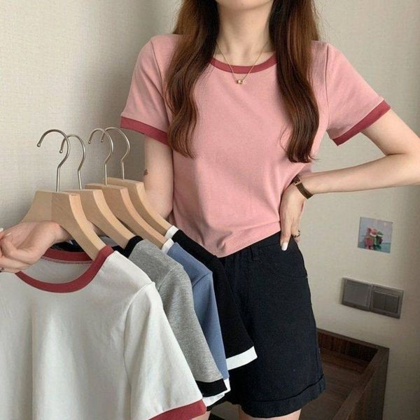 Exposed navel top new summer color contrast slim fit short design sense of caution machine short sleeve T-shirt women