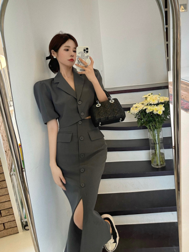 Real price real shot, fried street temperament design puff sleeve short suit + breasted fishtail skirt suit