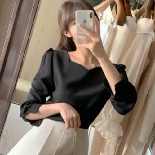 Korean chic, simple, love square collar, puff sleeves, all-match pullover, gentle solid color shirt
