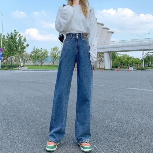 Korean version of the four seasons jeans women's all-match new straight loose high waist Korean version slim wide-leg mopping pants women