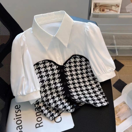 Houndstooth shirt women's  summer new splicing thin short section icy silk short-sleeved top tide