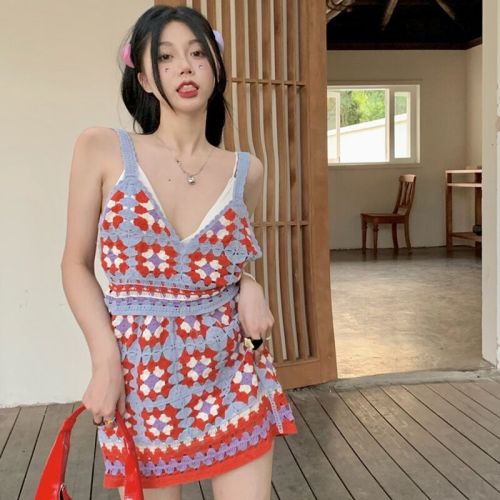 韩版甜美少女感手工编织吊带背心+包臀A字短裙两件套装2023年夏款