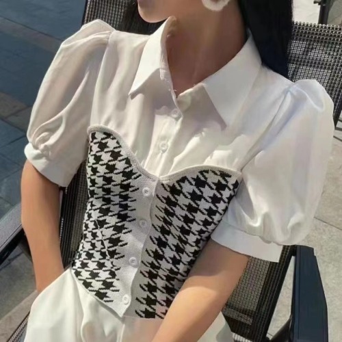Houndstooth shirt women's  summer new splicing thin short section icy silk short-sleeved top tide