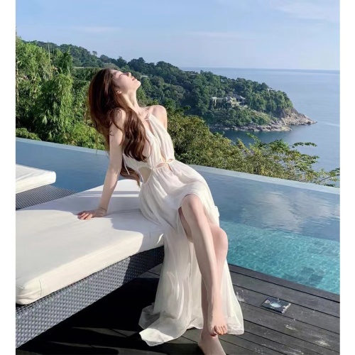 Thailand Sanya Tourism Photography Beach Skirt Beach Holiday Dress Pure Sexy Hollow White Strap Dress