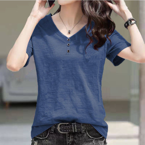Pure cotton slub cotton V-neck button short-sleeved T-shirt women's  new loose large size top trend