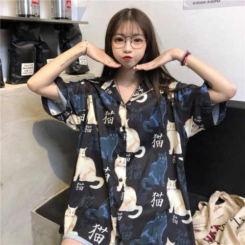 Retro Hong Kong style chic short-sleeved shirt Harajuku style V-neck cat print shirt